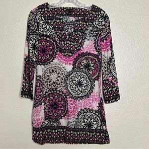 Dana Buchman Women's Tunic Kaftan Floral Medallion Pink/White Tunic Cotton XS